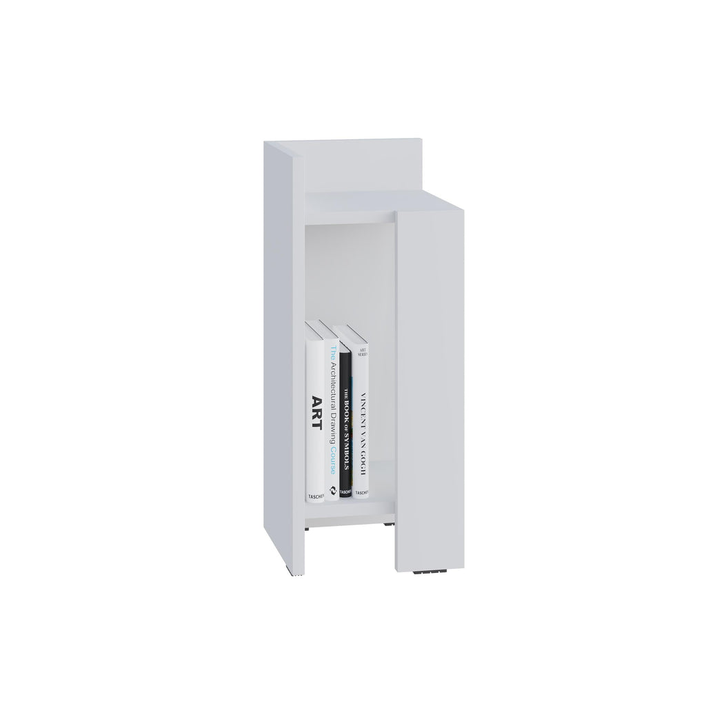 White narrow bedside table module with open shelving, side panel and top