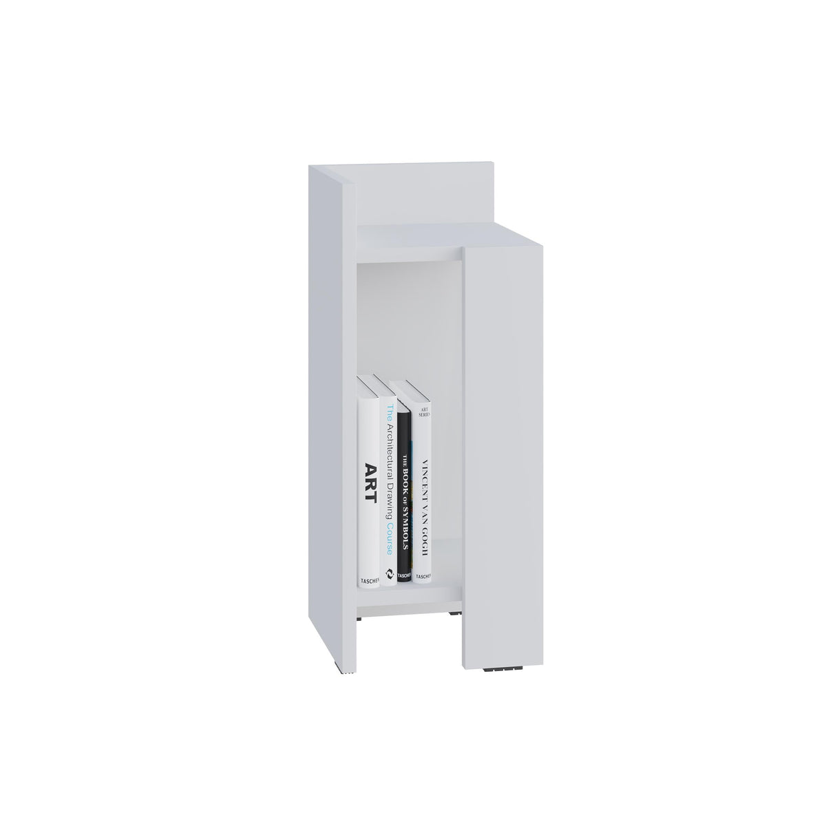 White narrow bedside table module with open shelving, side panel and top