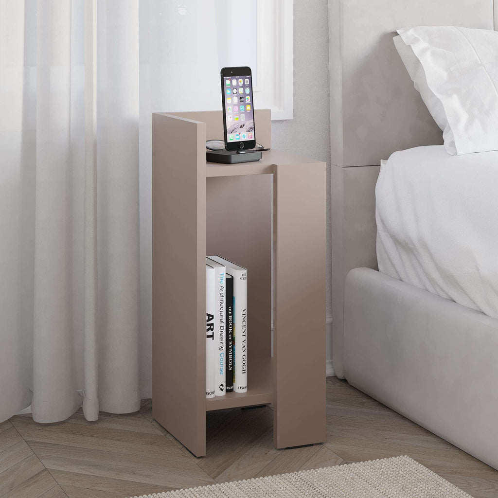 Narrow 25 cm left bedside table module, light grey frame with open book shelf
