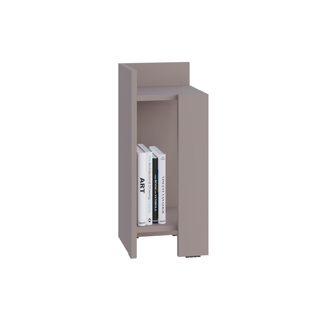 Light mocha narrow bedside table module with open shelving and side panel