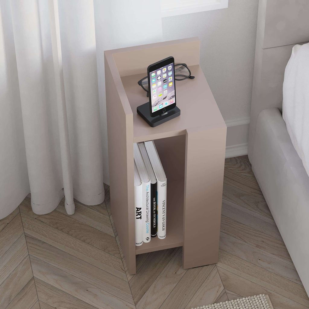 Narrow 25 cm left bedside table module in light grey with open shelf and side panel
