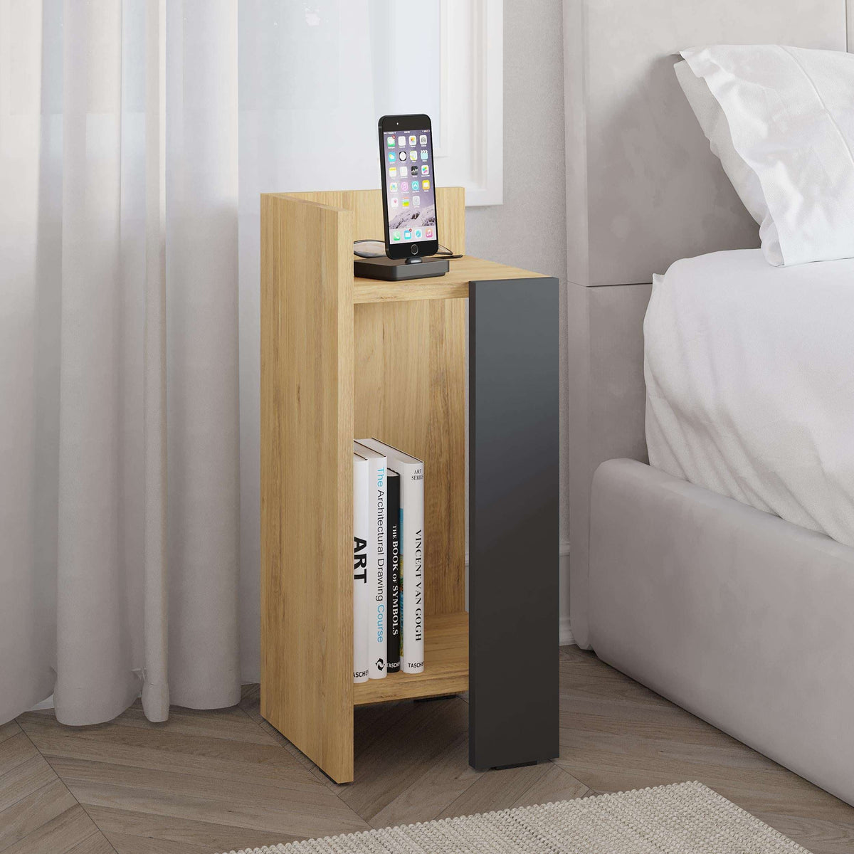 Narrow 25 cm left bedside table module, oak body with anthracite side panel