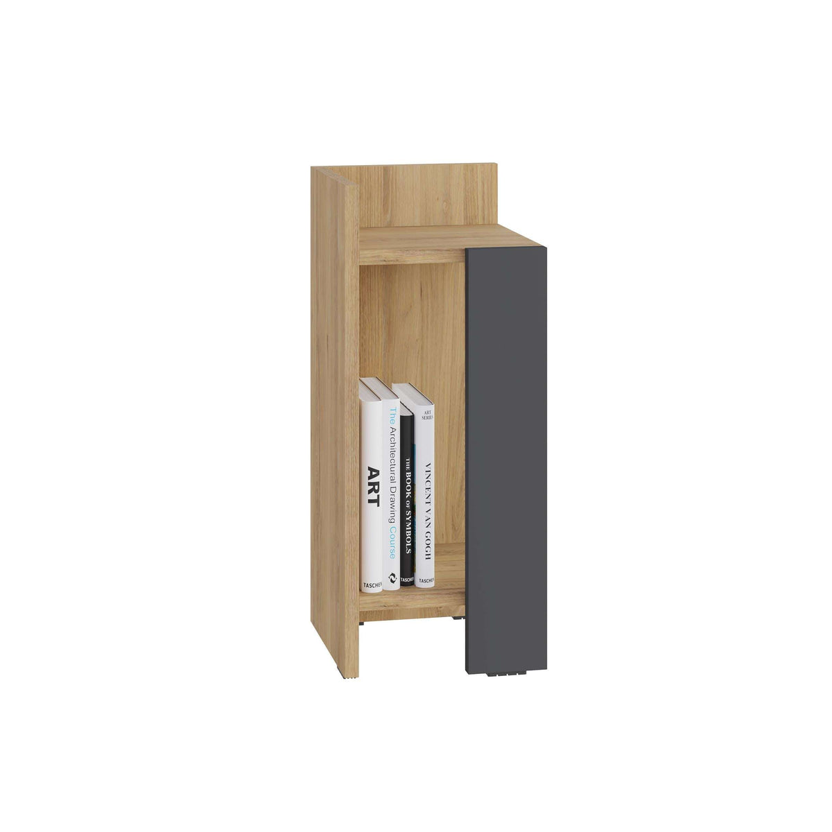 Narrow 25 cm left bedside table module, oak finish with anthracite interior panel