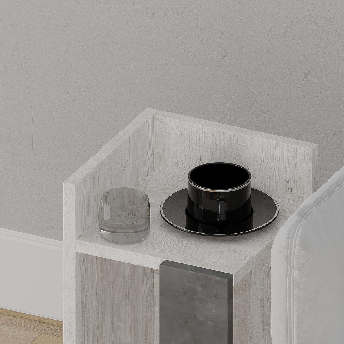 Narrow bedside table module in light grey finish, open shelf and square top