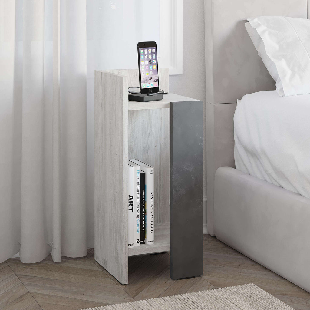 Narrow bedside table module with white frame and dark side panel, open book shelf