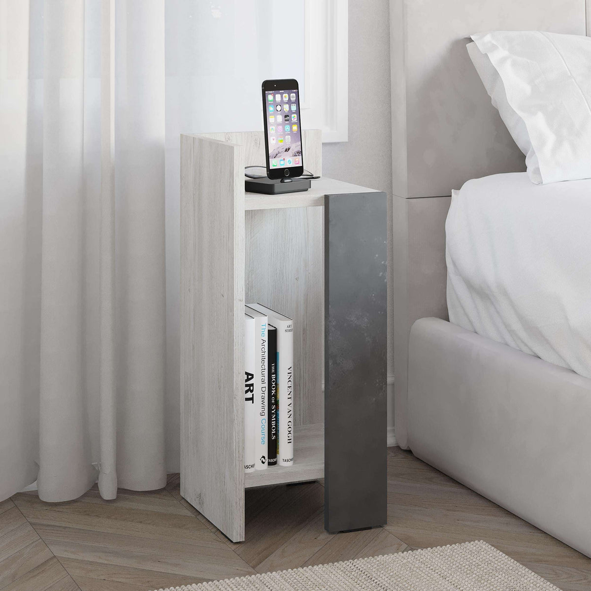 Narrow bedside table module with white frame and dark side panel, open book shelf
