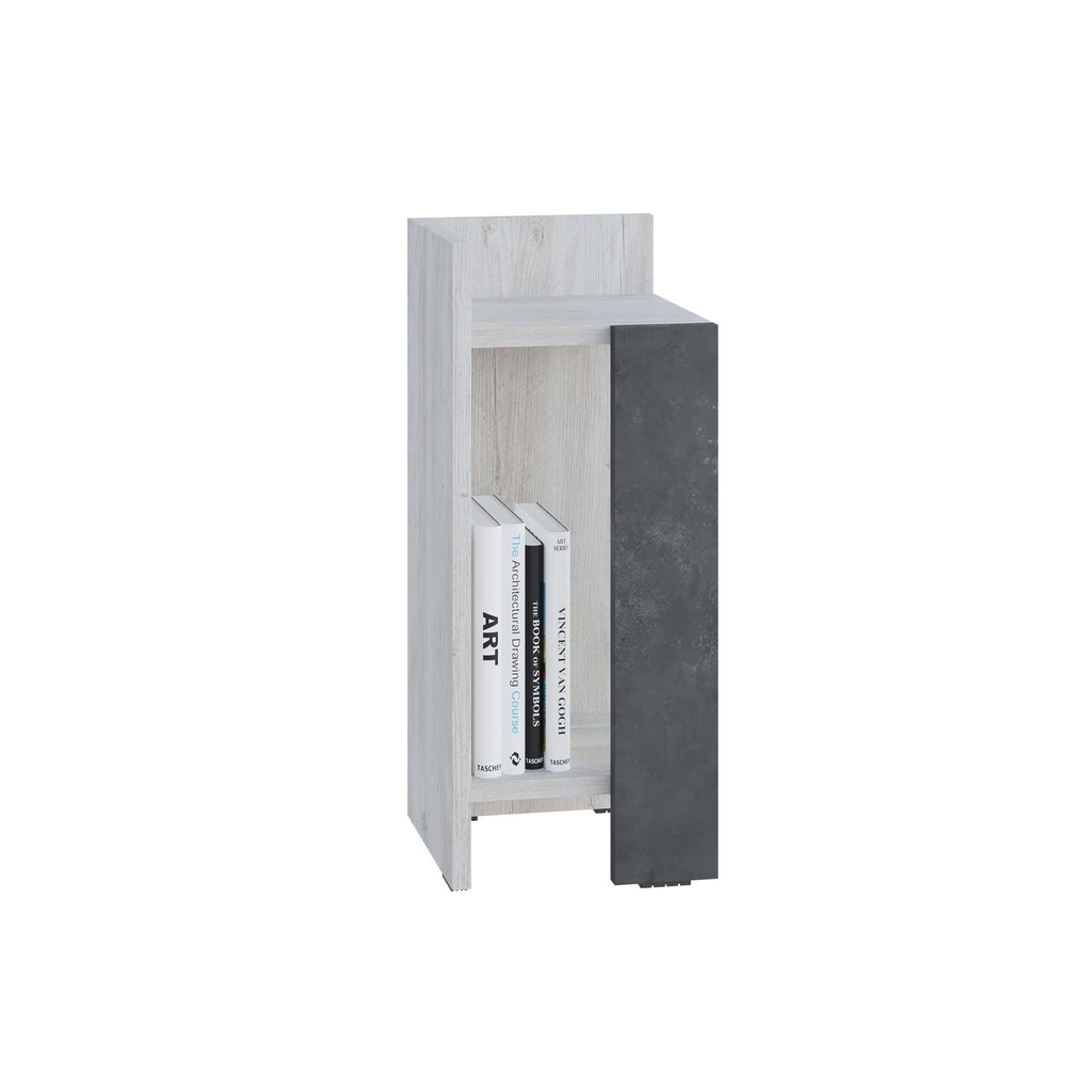 Narrow bedside table left module with white top and open shelf, dark gray side