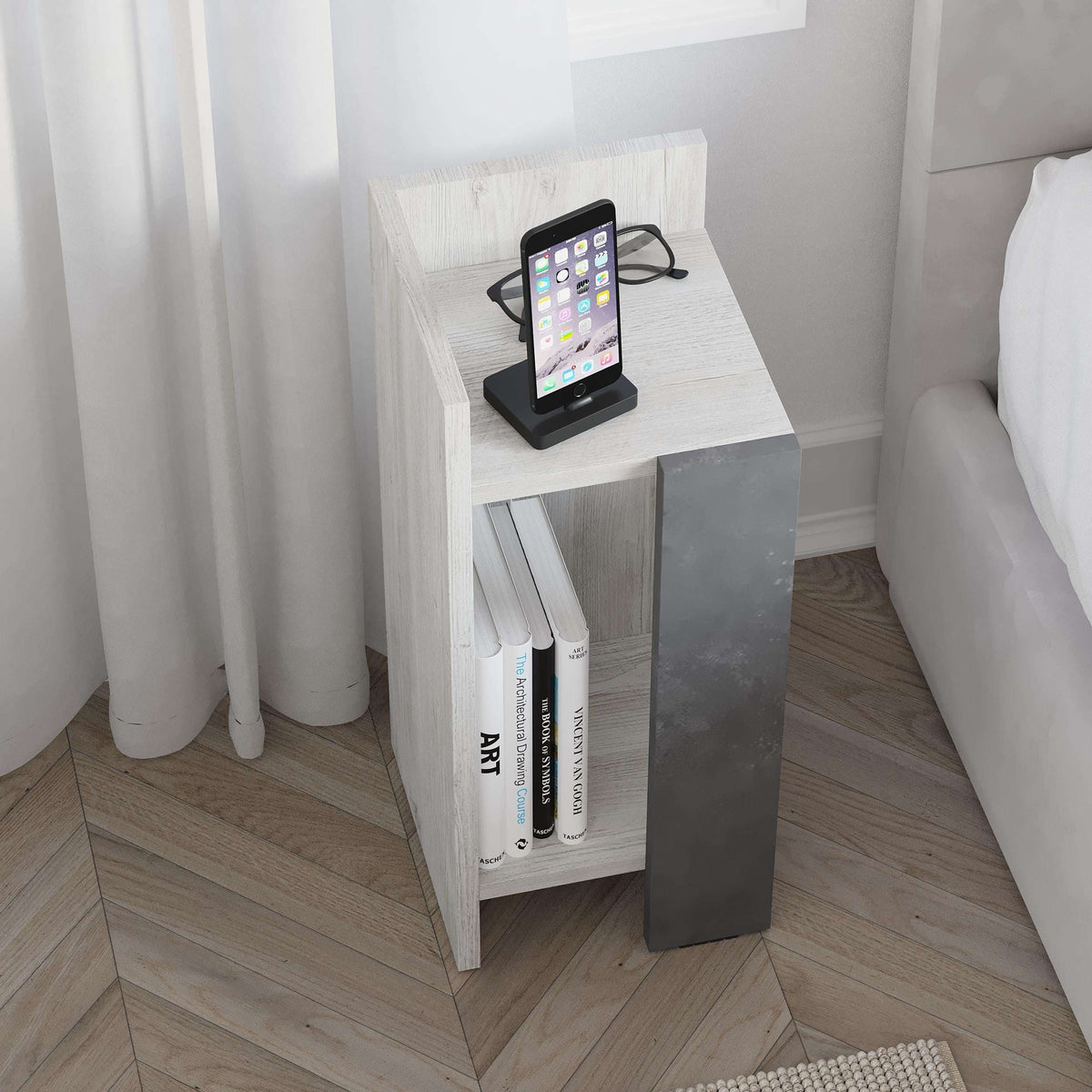 Narrow bedside table left module in white with dark gray side panel and open shelf