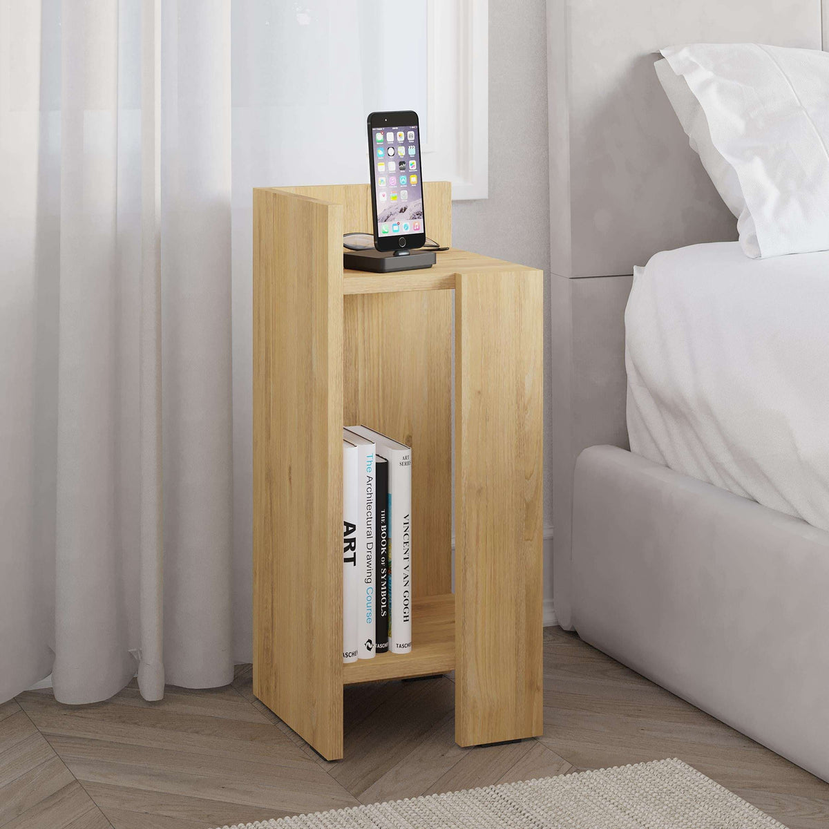 Light oak narrow bedside table module with open storage shelf and top surface