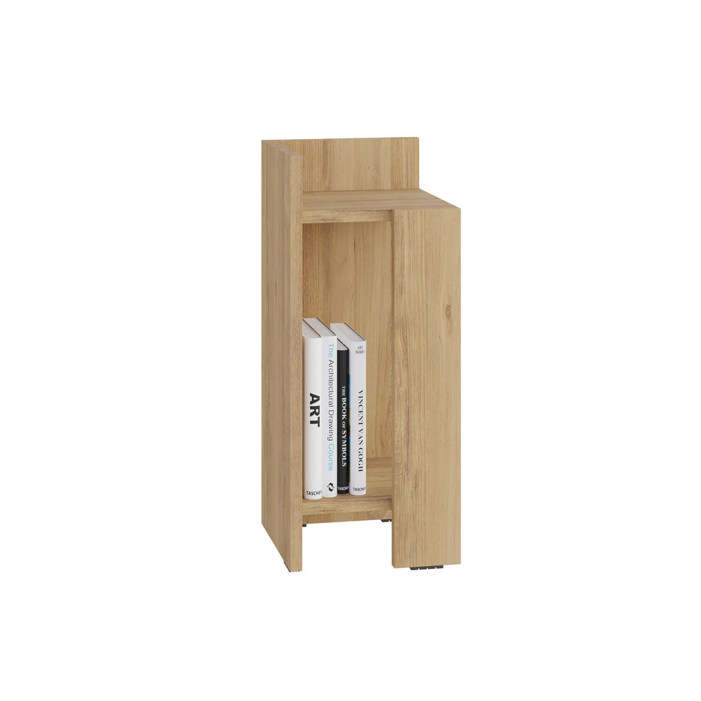 Narrow 25 cm left bedside table module, oak finish with open shelf and back panel