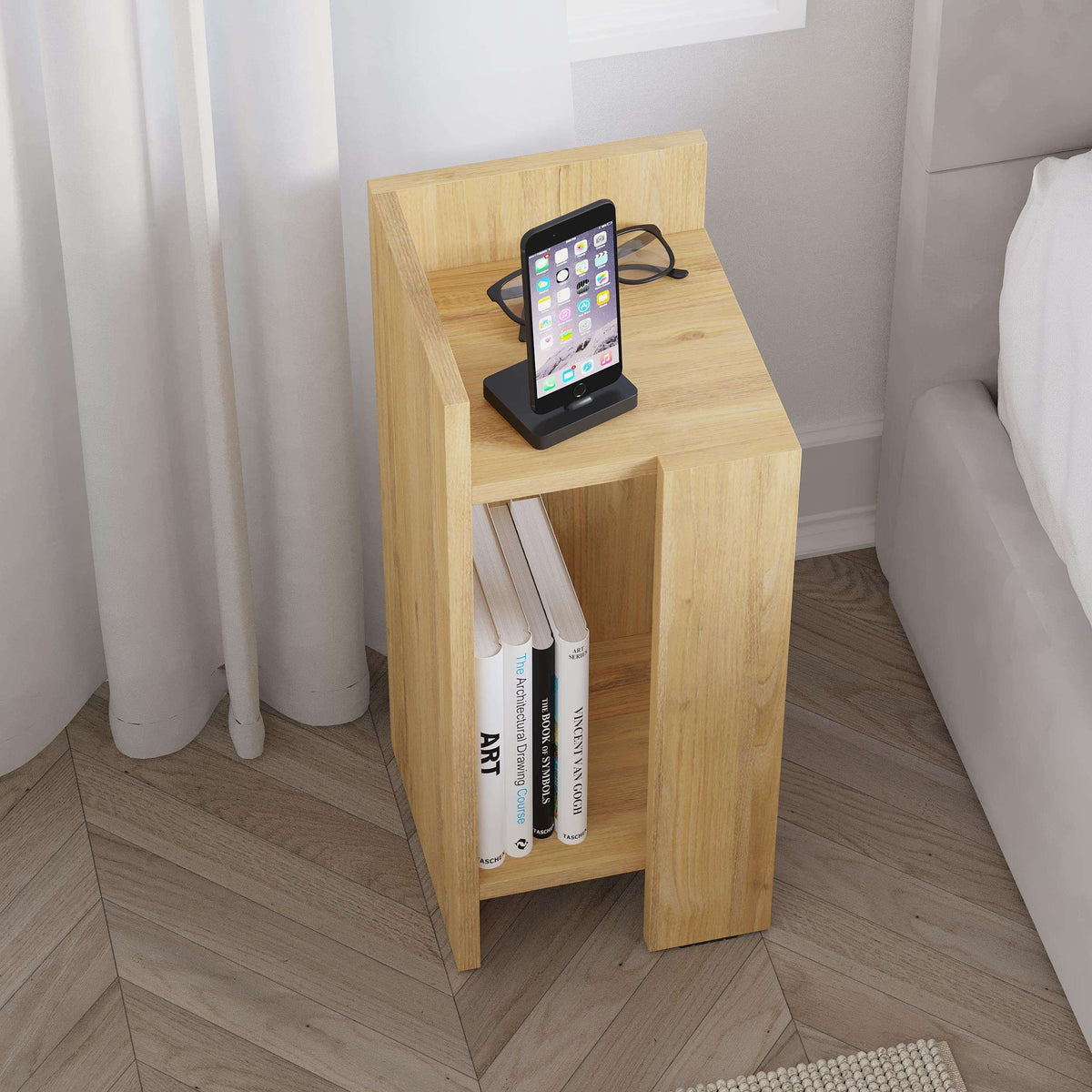 Narrow bedside table module in light oak wood with open shelf and top ledge
