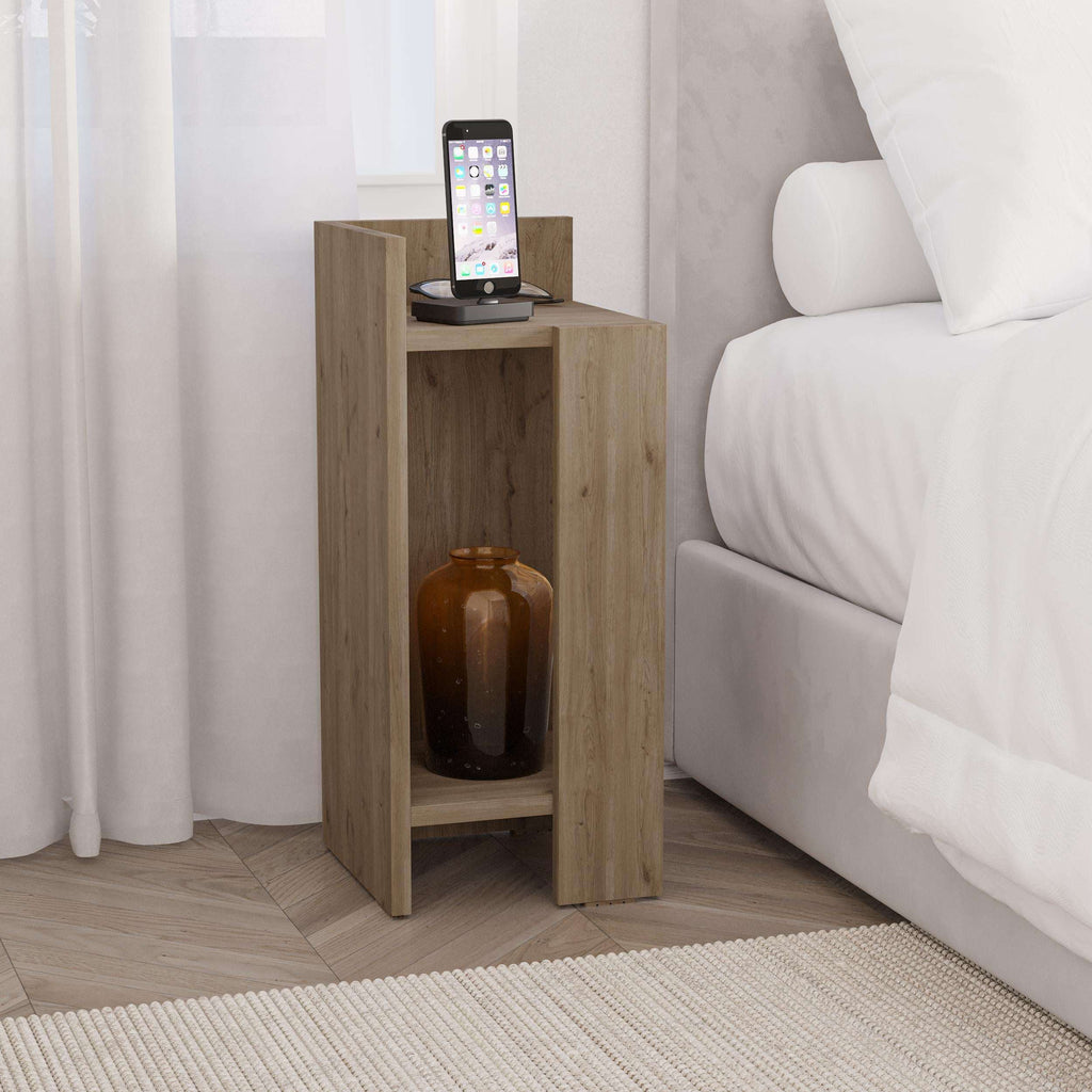 Light oak narrow bedside table module with open compartment for decor and books