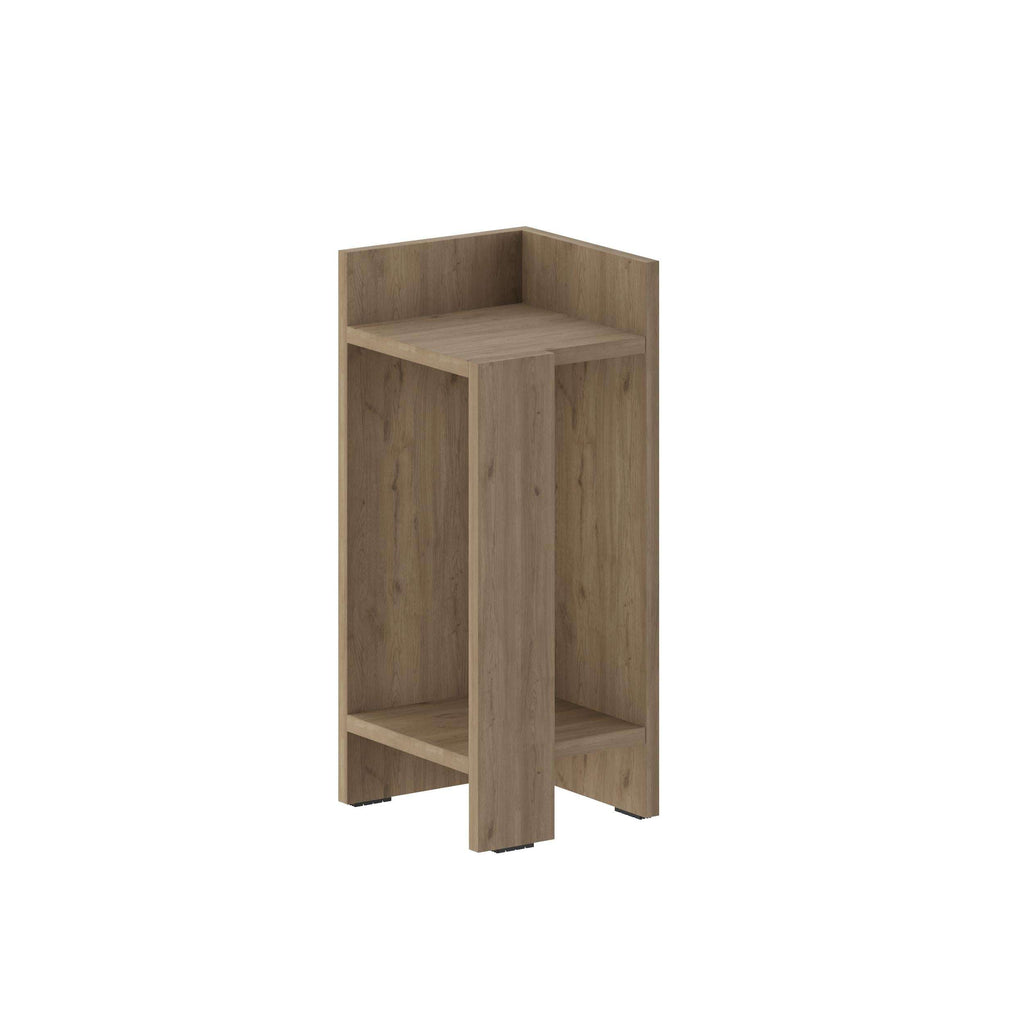 Narrow left bedside table module, light wood open shelves, simple boxy frame