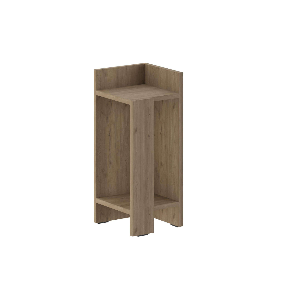 Narrow left bedside table module, light wood open shelves, simple boxy frame