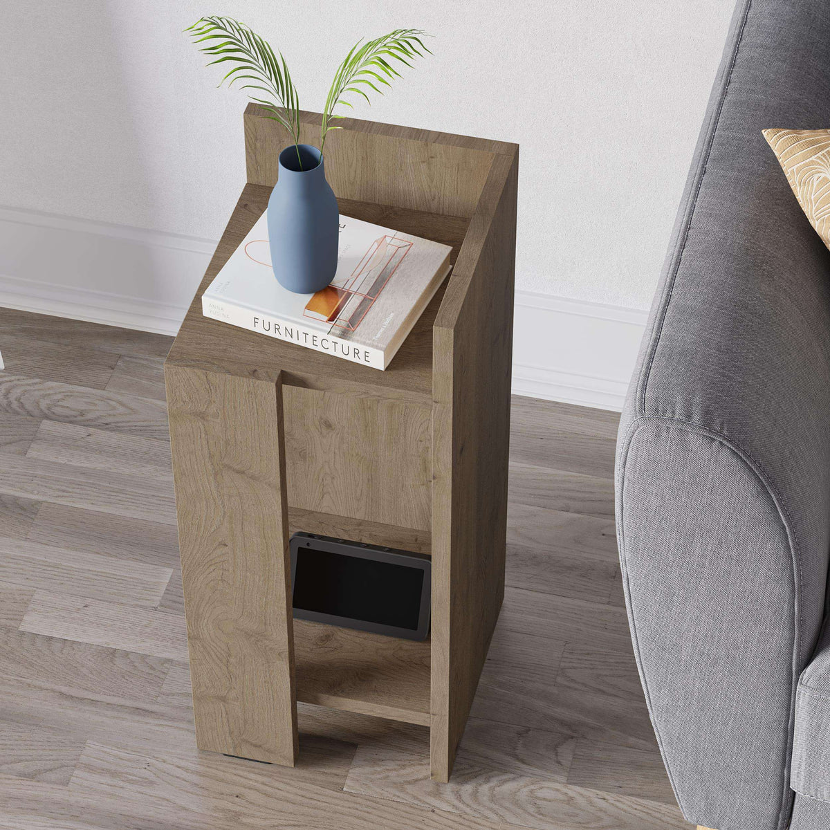 Light oak narrow bedside table module with open shelf and top surface