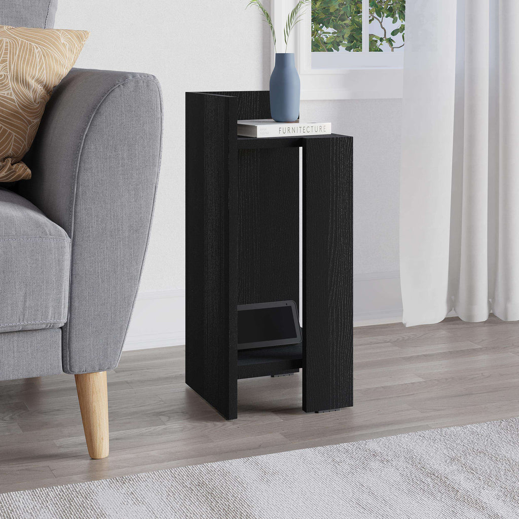 Dark wood narrow bedside table module with open shelving and top surface