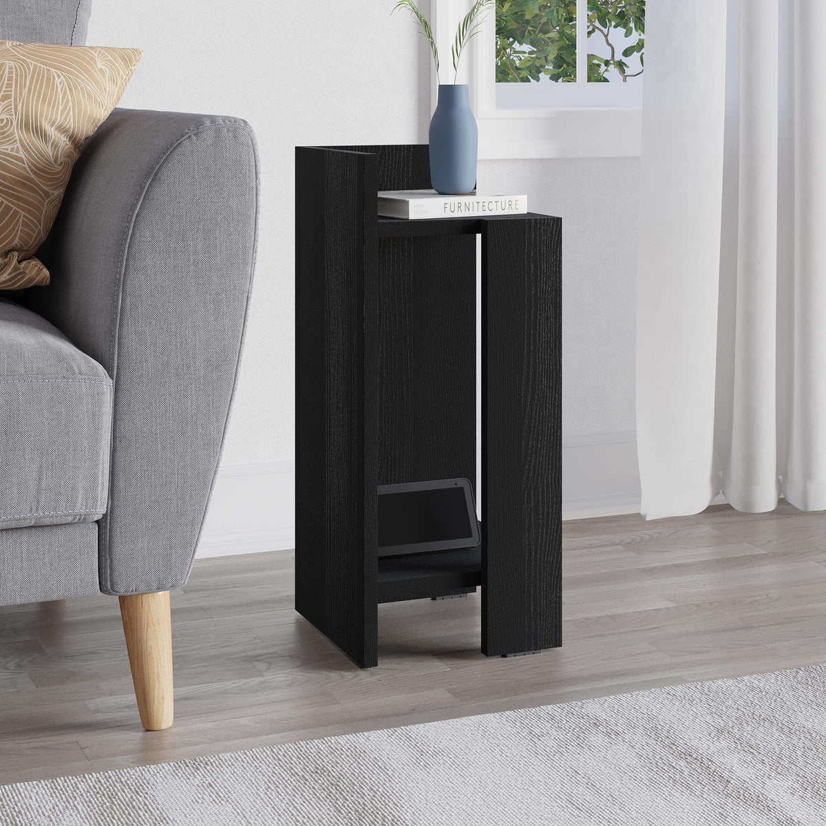 Dark wood narrow bedside table module with open shelving and top surface
