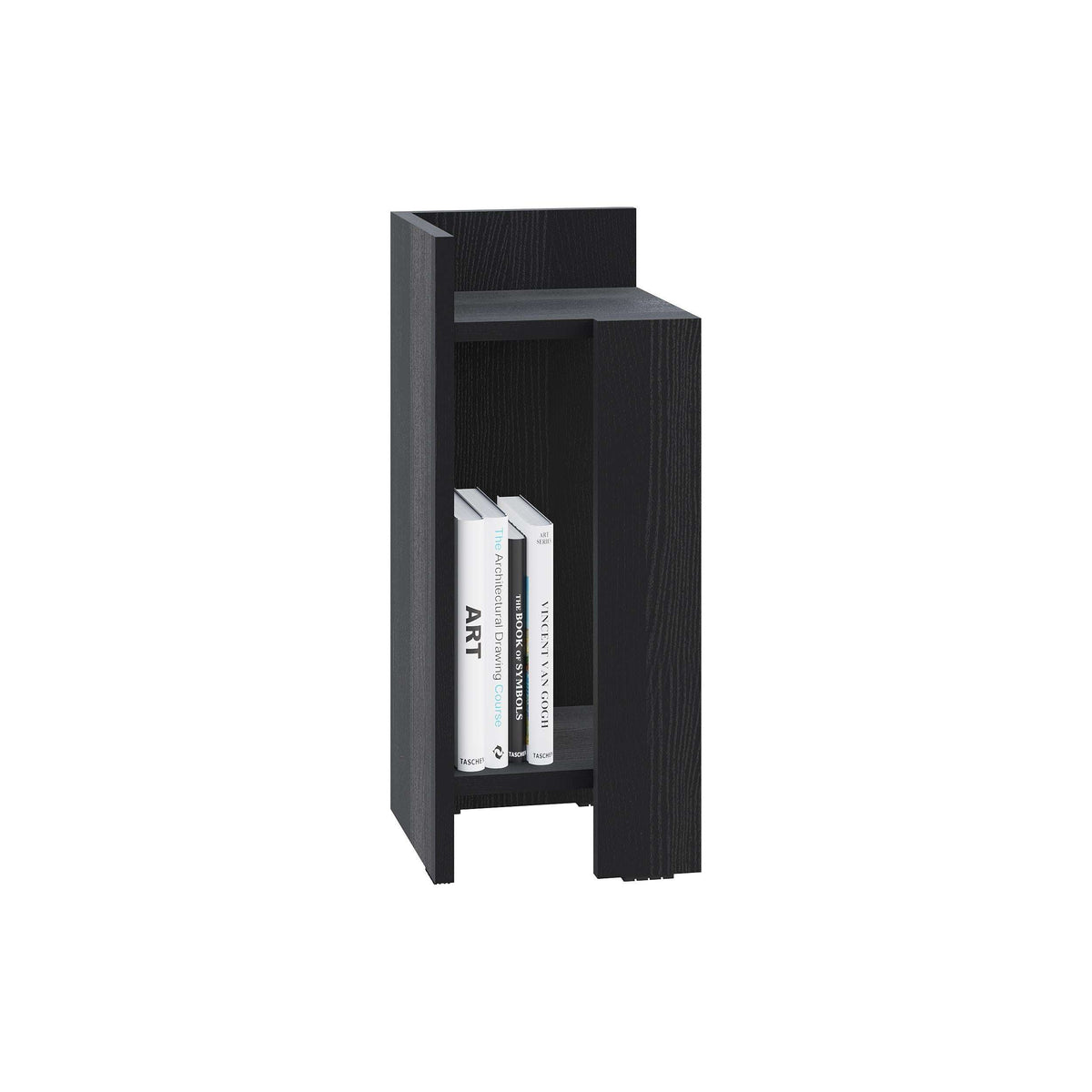 Narrow bedside table left module with dark wood finish and open front shelf