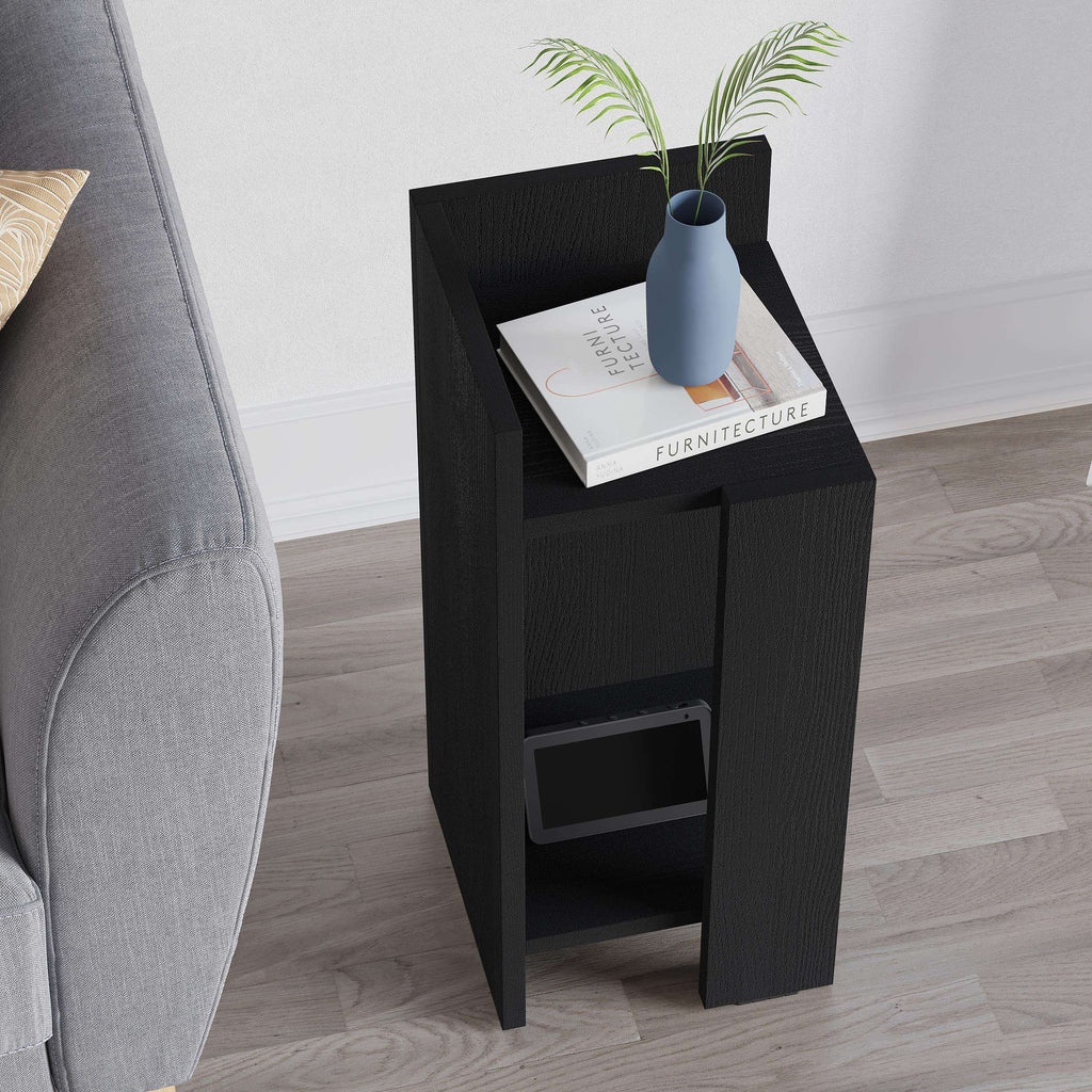 Narrow bedside table module in dark wood with open lower shelf and top ledge