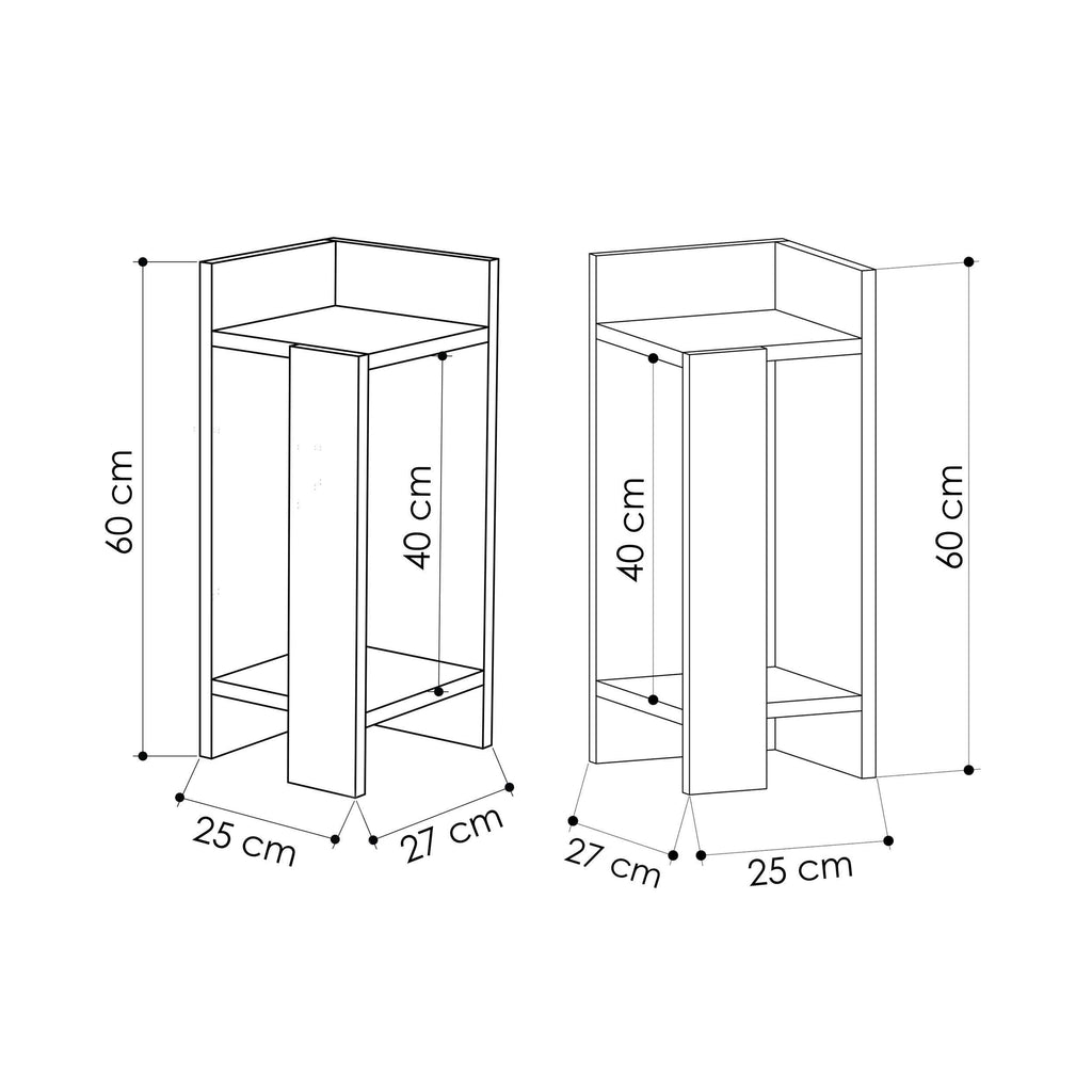 Narrow modern bedside table dimensions: 60 cm high, 25 cm wide, 27 cm deep