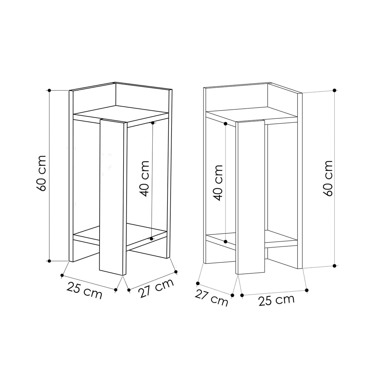 Narrow modern bedside table dimensions: 60 cm high, 25 cm wide, 27 cm deep