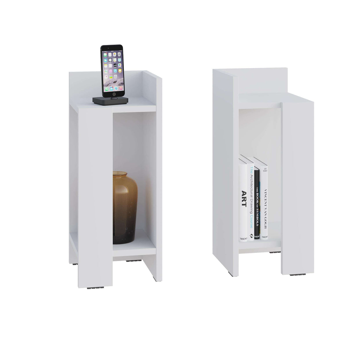 White narrow bedside table with open compartment holding a smartphone