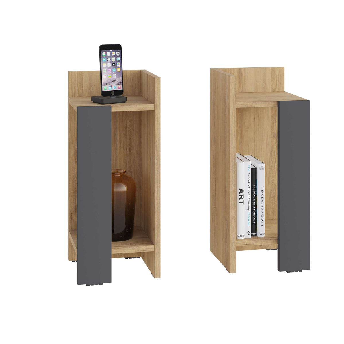 Narrow modern bedside table in oak with anthracite sides and open storage