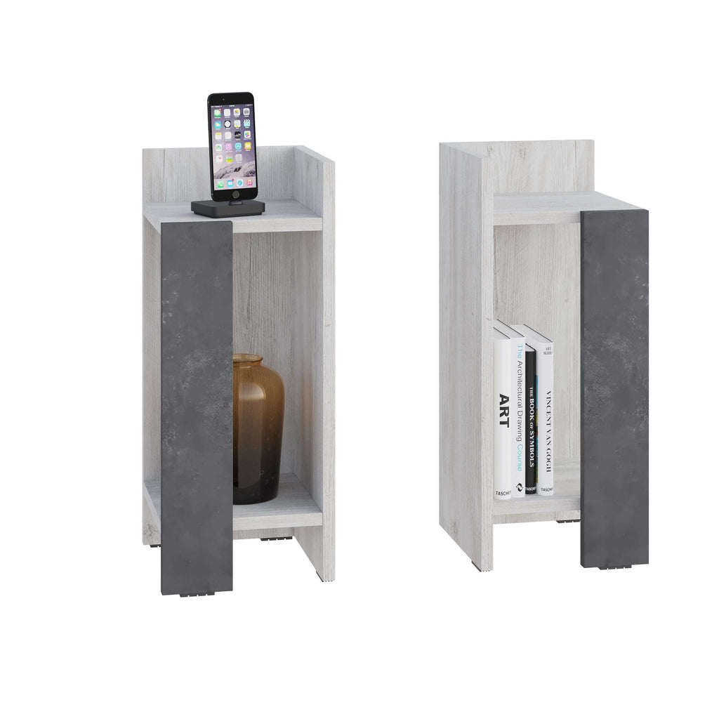 Narrow bedside table in light gray with dark anthracite side panels and open shelf