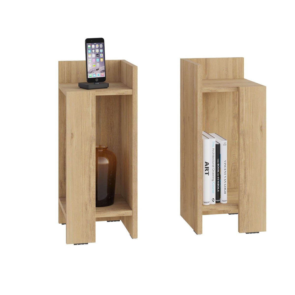 Narrow wooden bedside table with open shelf holding phone stand and book