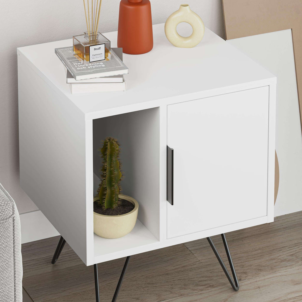 White bedside cabinet with open side shelf and hinged door, black angled legs