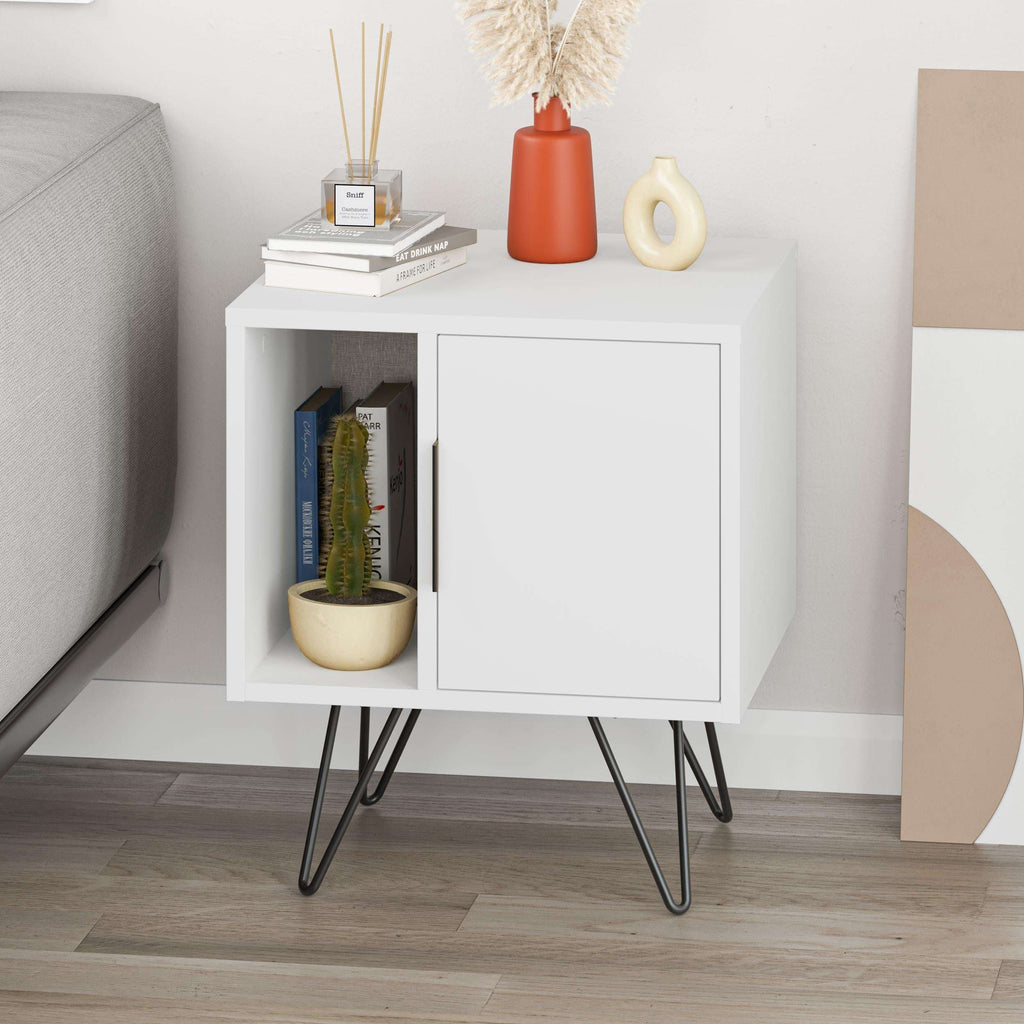 White bedside table with left open shelf and right cabinet door, black angled legs
