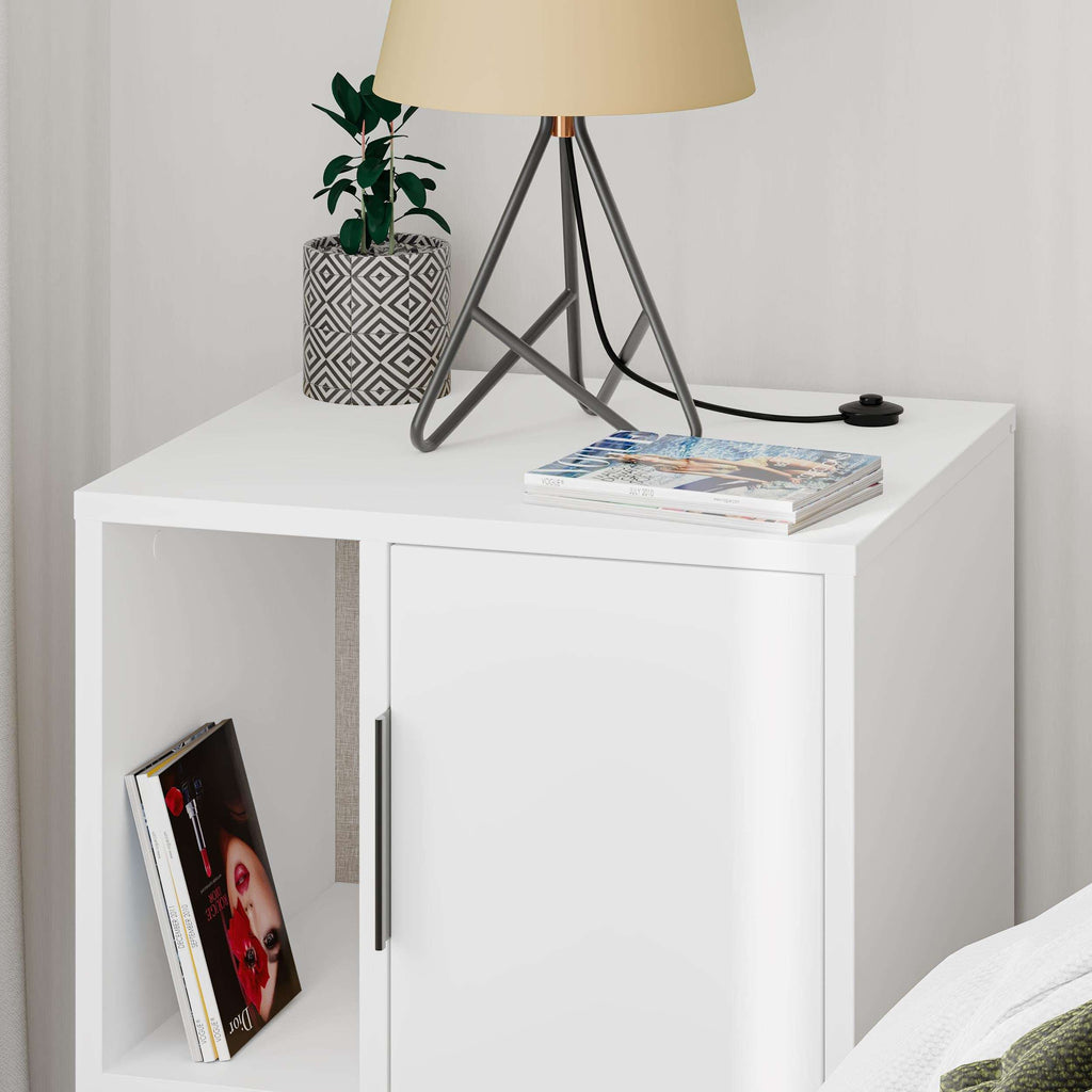 White bedside table cabinet with open shelf left side and wide door, black legs