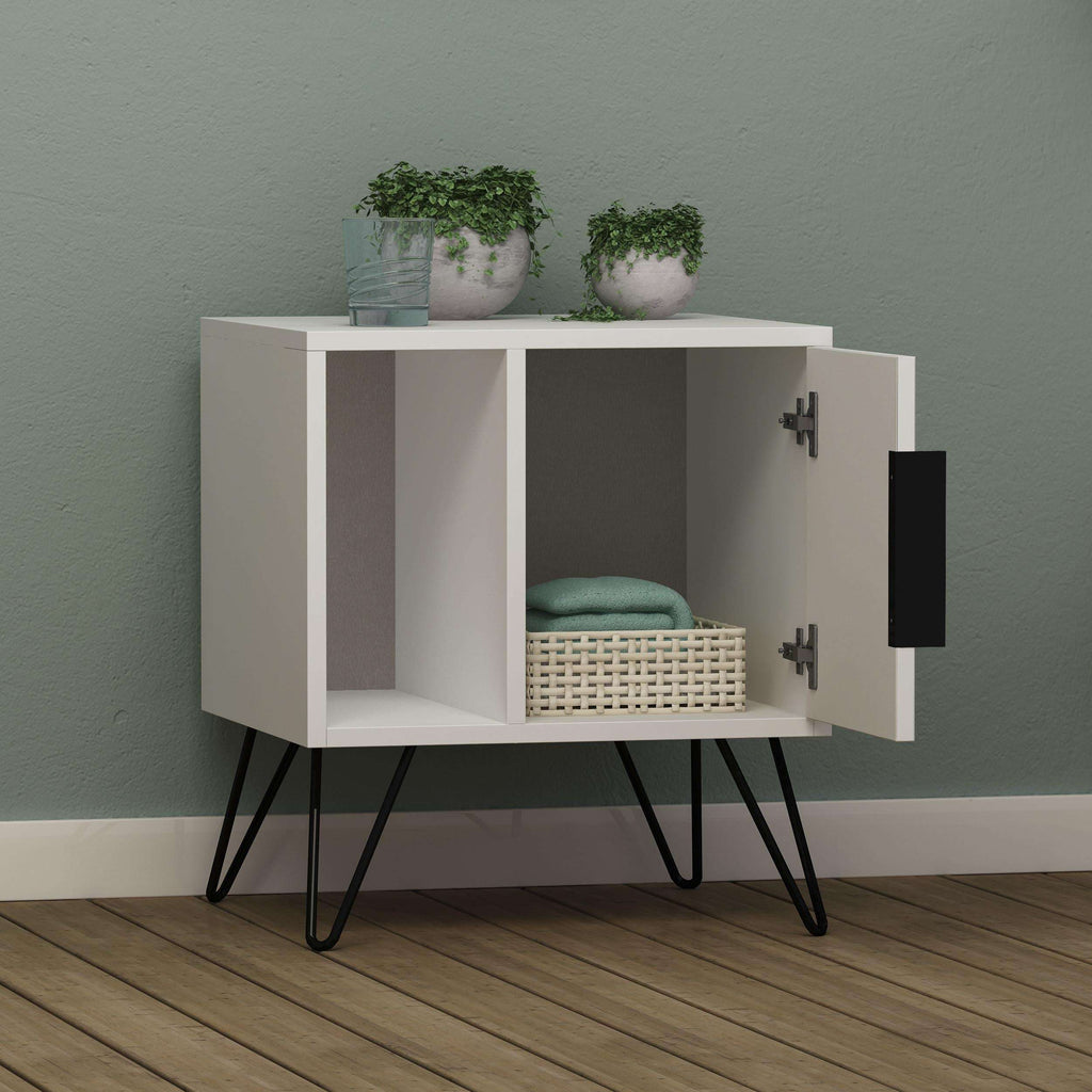 White modern bedside table with open center shelf and two cabinet doors, black legs