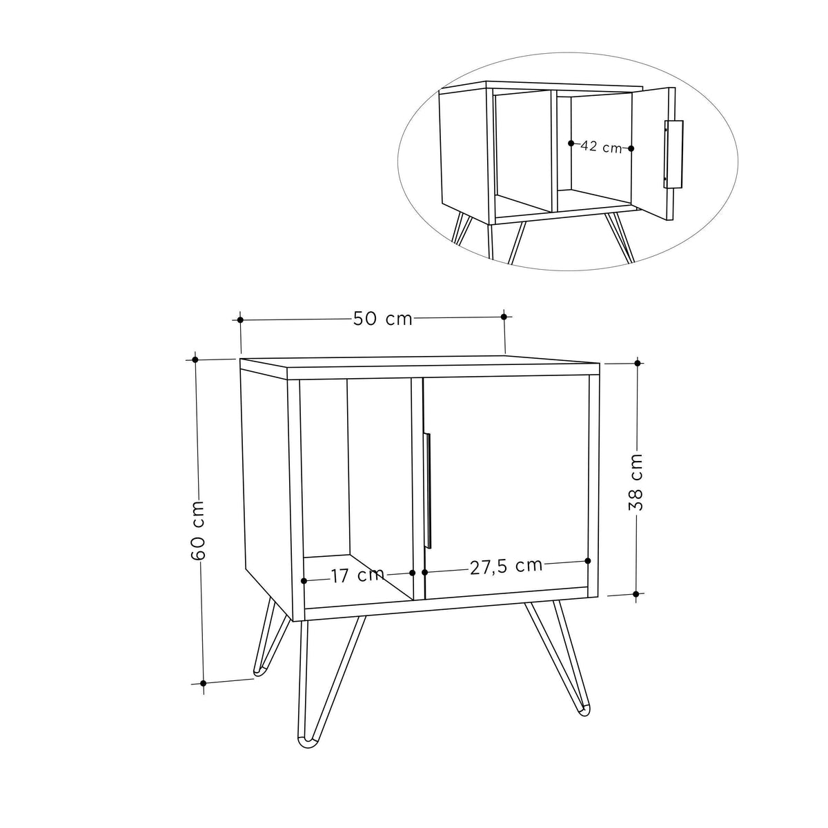 Modern bedside table with open shelf, cabinet door, angled legs; 50 cm width