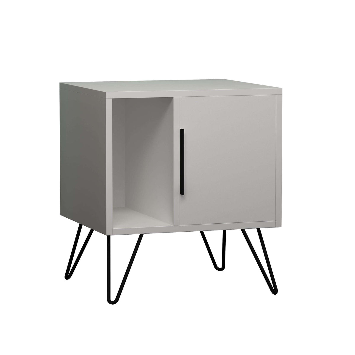 White bedside table with open cubby, cabinet door, black metal legs