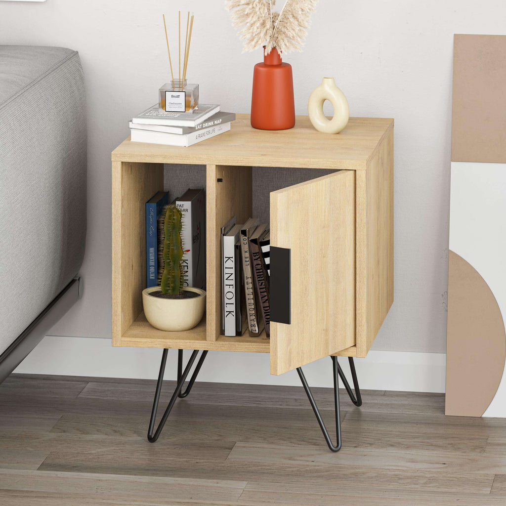 Light oak bedside table with open cubby, right door, and black tapered legs