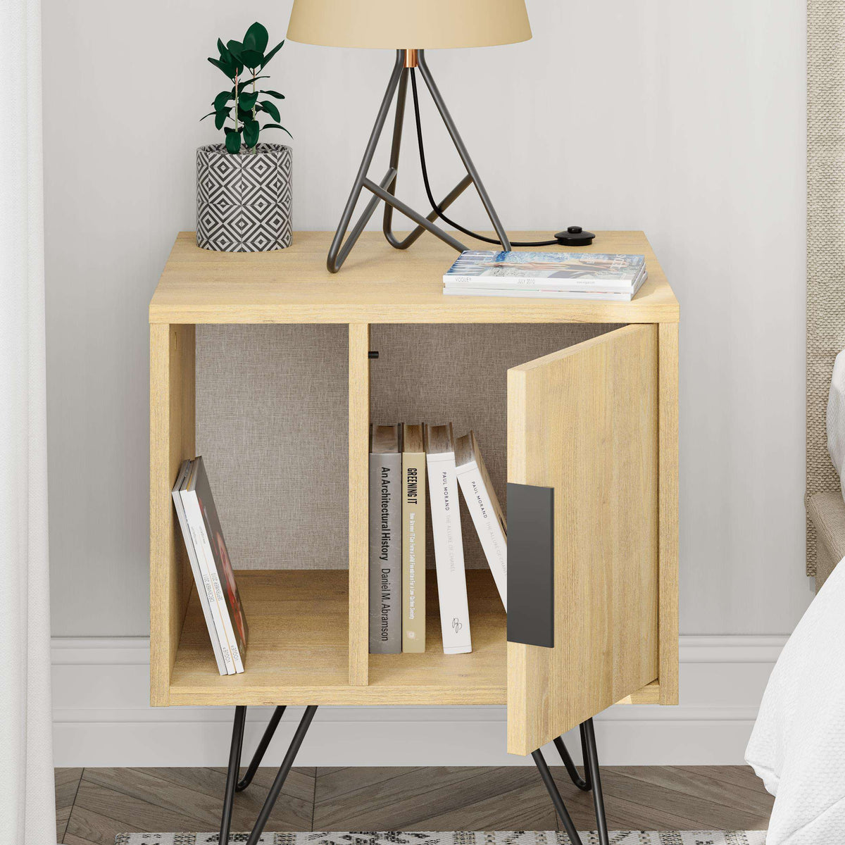 Light oak bedside table with open shelves, front door, and black metal legs