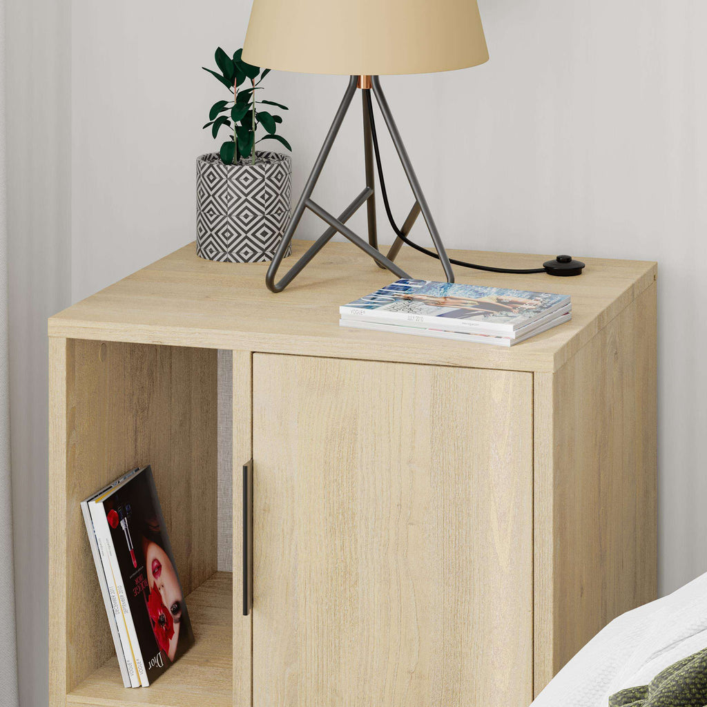 Light oak bedside table with open left cubby and right cabinet door