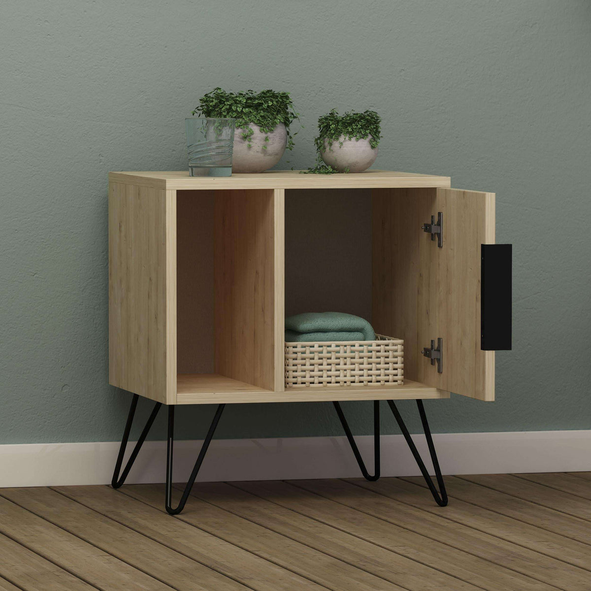 Light oak bedside cabinet with two front shelves and black metal legs