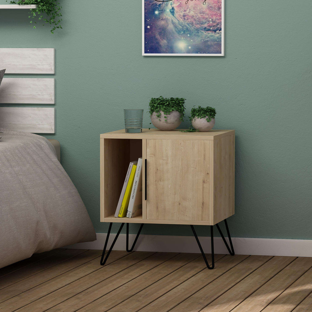 Light oak bedside table with left open storage, right door, and black legs