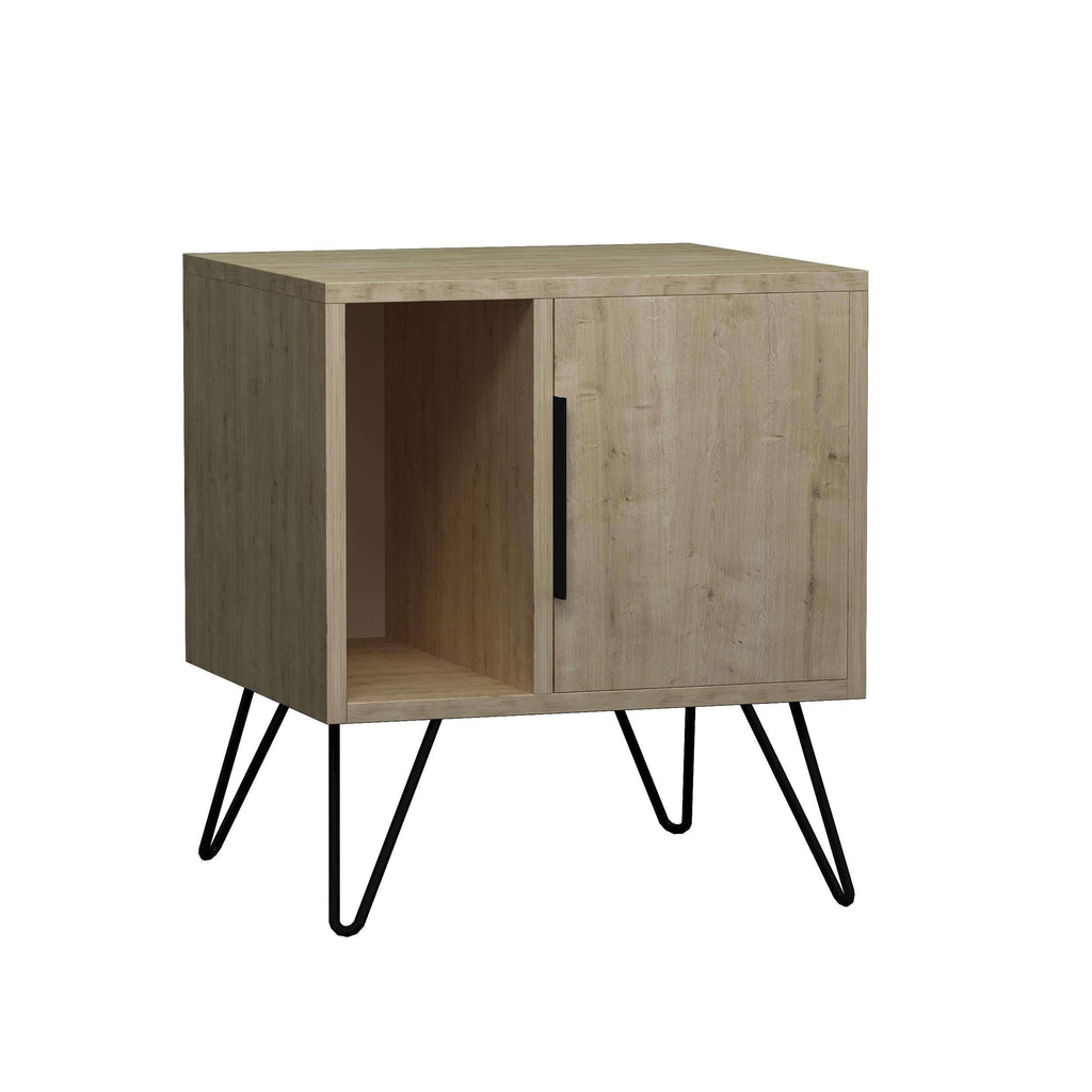 Light oak bedside table with open cubby, cabinet doors, black angled legs