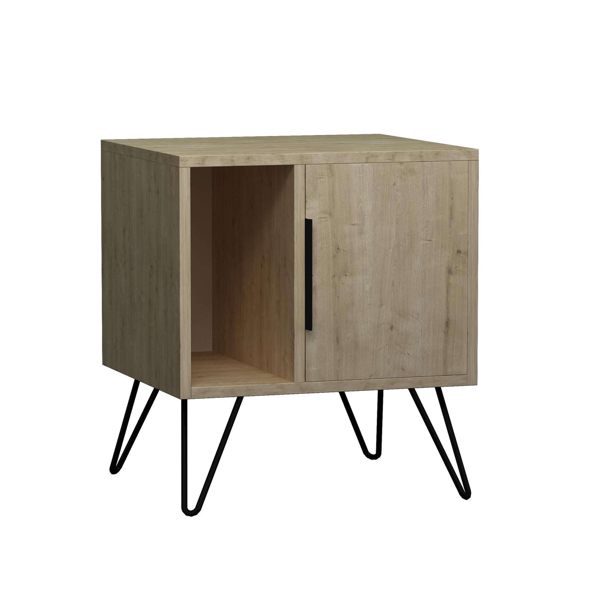 Light oak bedside table with open cubby, cabinet doors, black angled legs