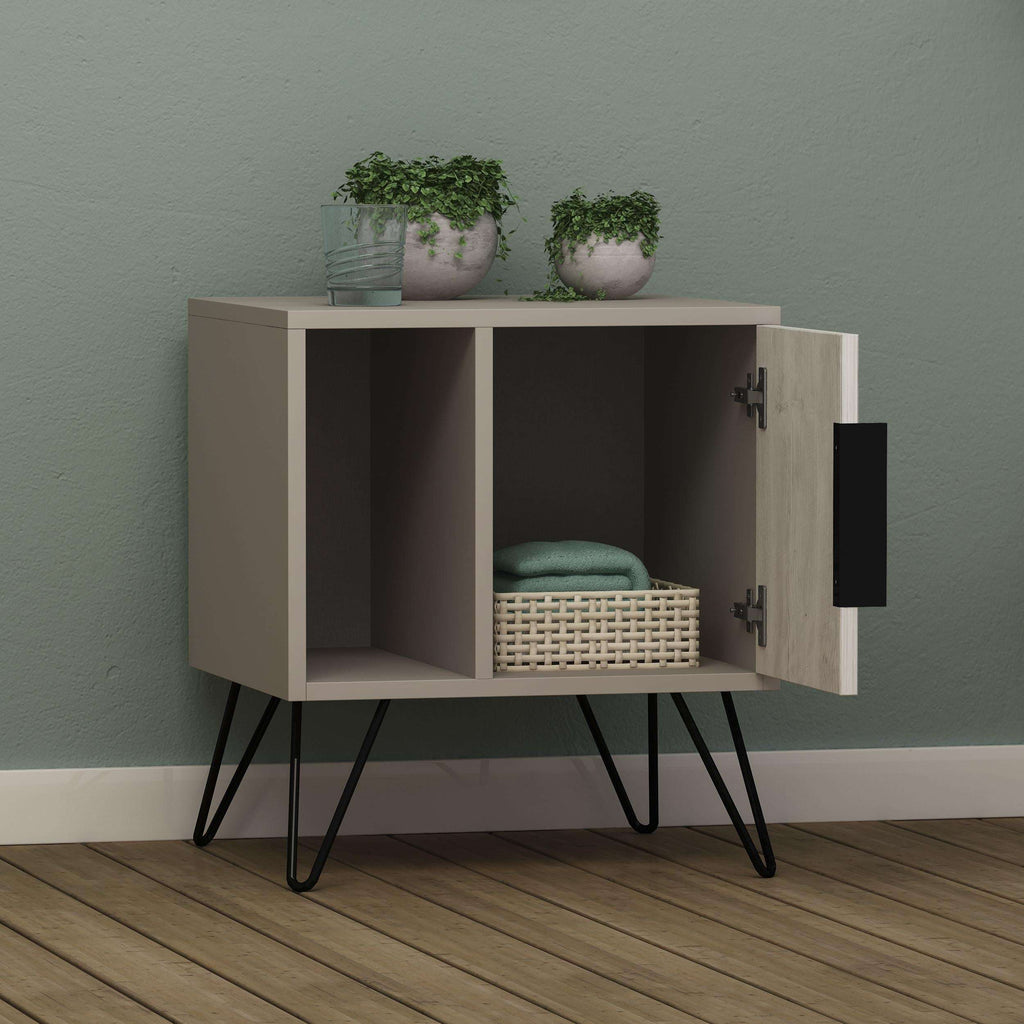 White bedside cabinet with open double doors and lower shelf storage with basket.