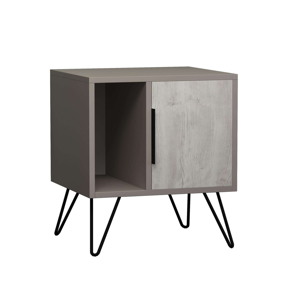 Dark gray and light wood bedside cabinet with one open shelf and black angled legs.