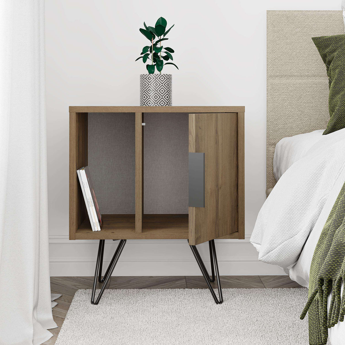 Oak bedside table with open double doors and interior shelf, black angled legs.