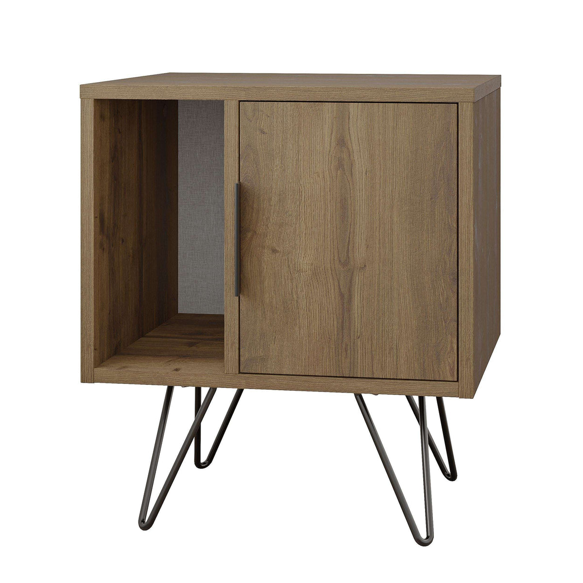 Dark oak bedside table with one open compartment, cabinet door, and black angled legs.