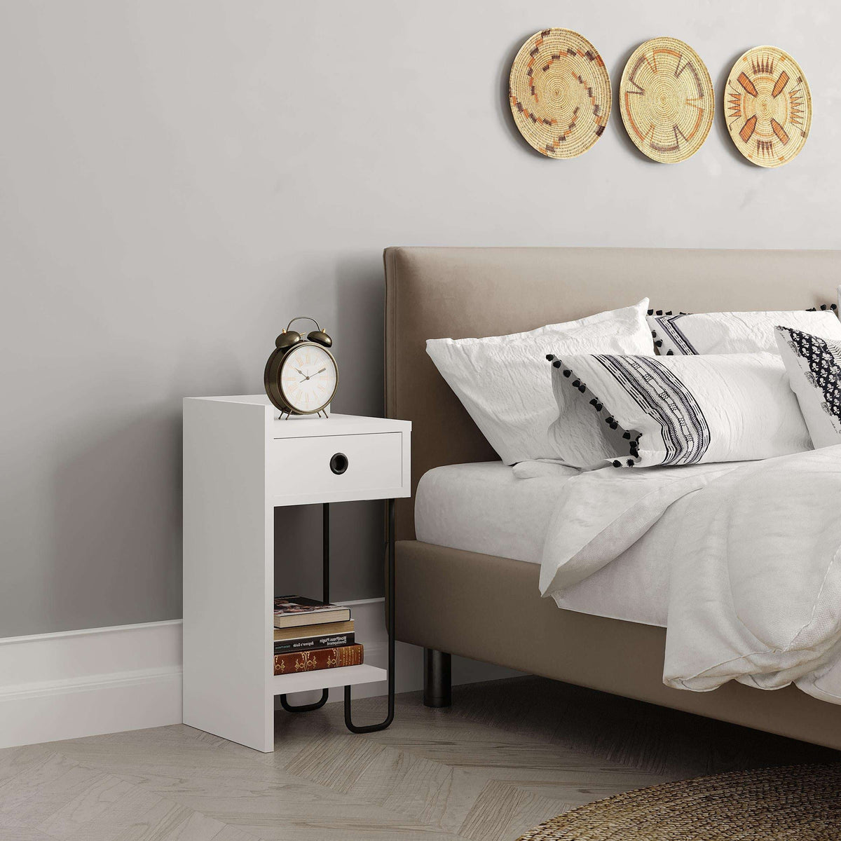 White bedside table module with drawer and open shelf next to bed