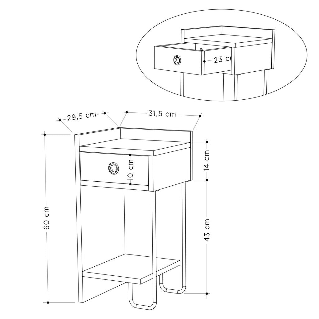 Bedside table module size diagram with drawer and open shelf measurements
