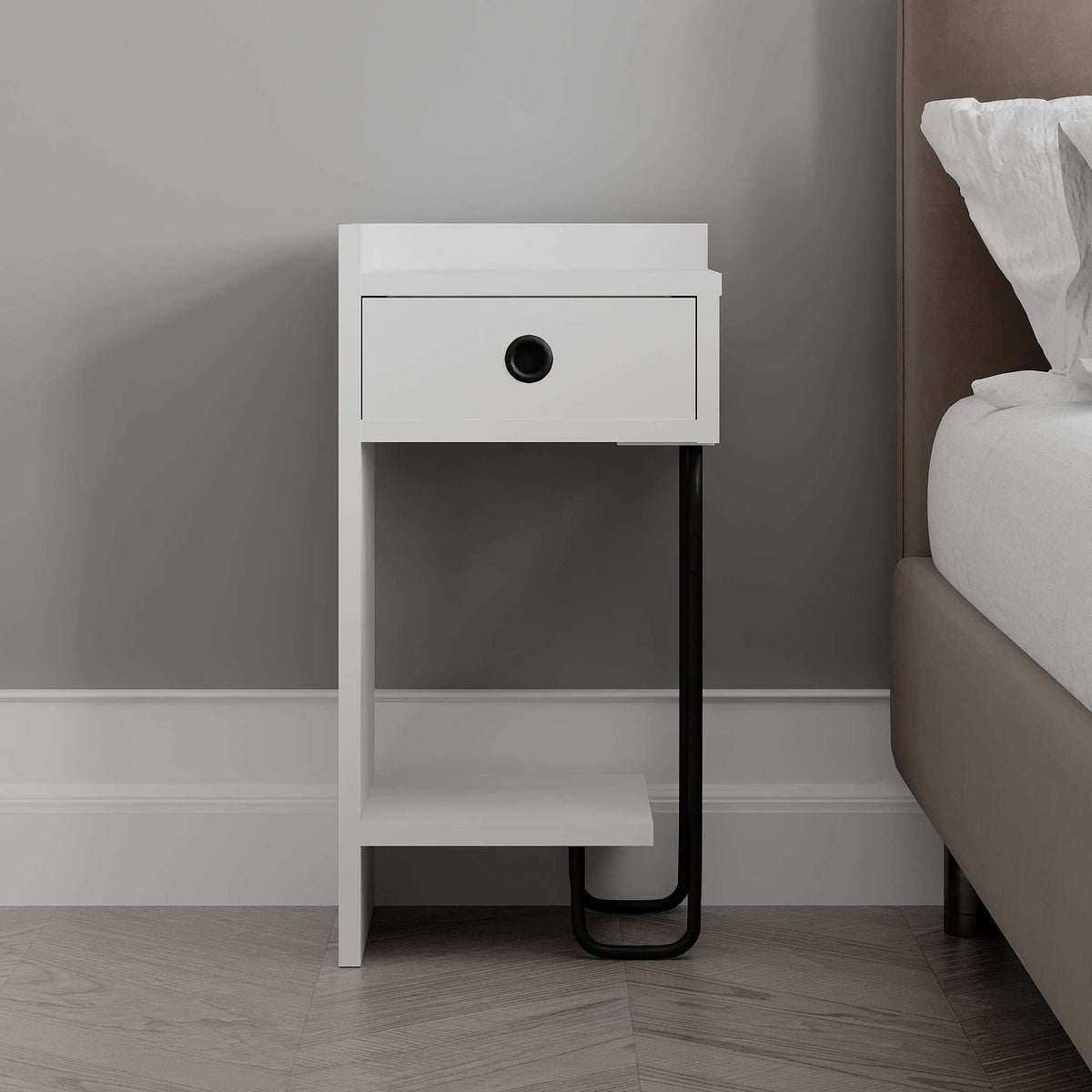 White bedside table module front view with round drawer handle and open shelf