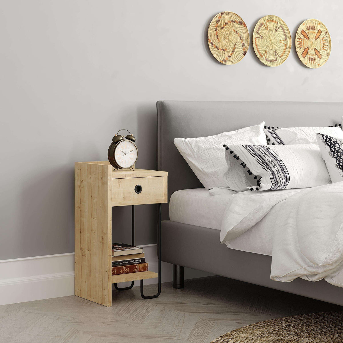 Modern bedside table module with drawer and open shelf, light wood finish, black metal legs